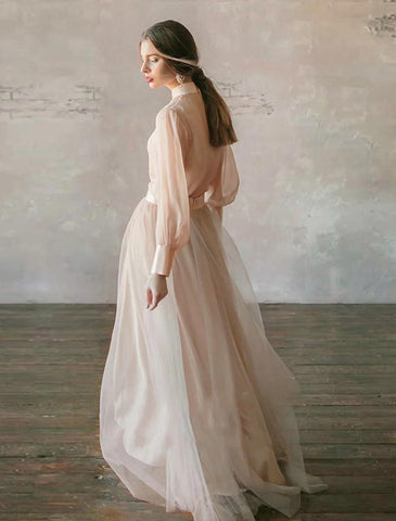 Numbersea Two Piece Empire Minimalist Wedding Guest Formal Evening Birthday Dress Stand Collar Long Sleeve Floor Length Chiffon with Tier