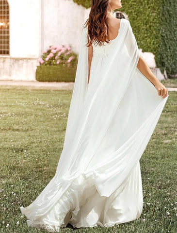 Hall Casual Brautkleider A-Linie Square Neck Sleeveless Sweep / Brush Train Chiffon Brautkleider mit Falten Applikationen