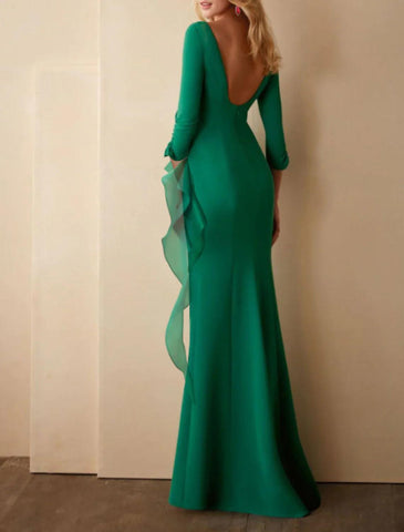 Meerjungfrau/Trompete Schöner Rücken Elegantes Hochzeitsgast-Abendkleid Rundhalsausschnitt 3/4-Ärmel Bodenlang Chiffon mit Rüschen