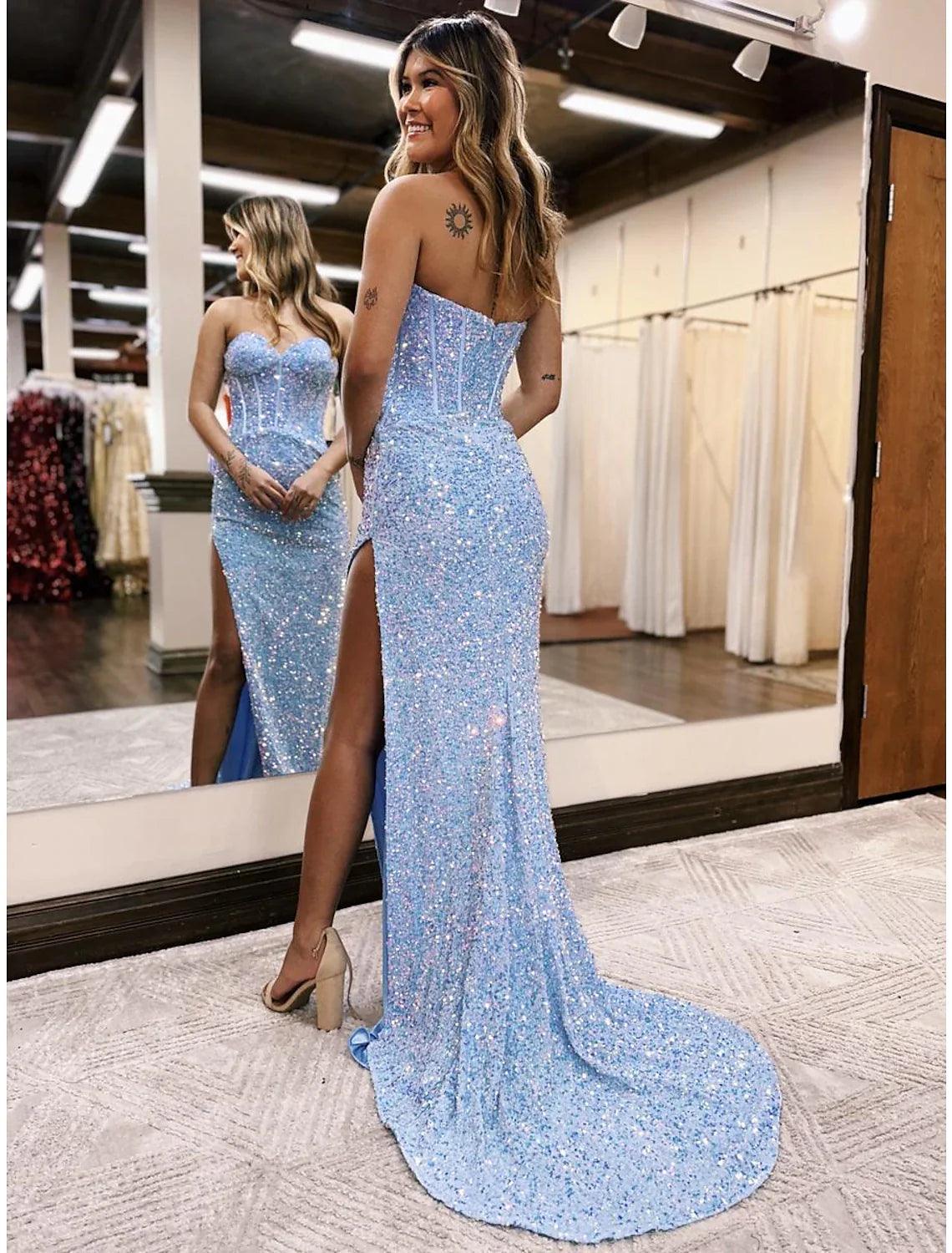 Vestidos de fiesta de sirena/trompeta con brillo y destellos, vestido formal para boda, fiesta, cola de corte, sin mangas, escote corazón con lentejuelas, espalda descubierta y abertura con lentejuelas