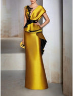 Gelbes Etuikleid/Säulen-Abendkleid aus Satin, Champagner, elegantes schwarzes Kleid, formelle Herbst-Bodenlänge, kurze Ärmel, V-Ausschnitt mit Rüschen, Stickerei-Applikationen