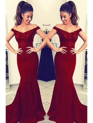 Meerjungfrau/Trompete Ballkleider Sexy Kleid Formeller Ball Hofschleppe Ärmellos Schulterfrei Stretchstoff V-Rücken mit Perlenapplikationen