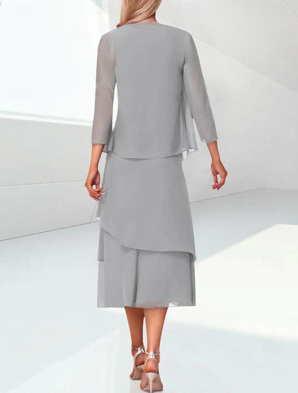Elegant Wedding Guest Tea Tiered Chiffon 3/4 Length Sleeve Wrap Included with Mother of the Bride Dress