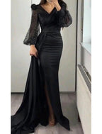 Meerjungfrau/Trompete Abendkleid Sparkle &amp; Shine Kleid Formelle Hofschleppe Langarm V-Ausschnitt Herbst Hochzeitsgast Charmeuse mit Paillettenschlitz