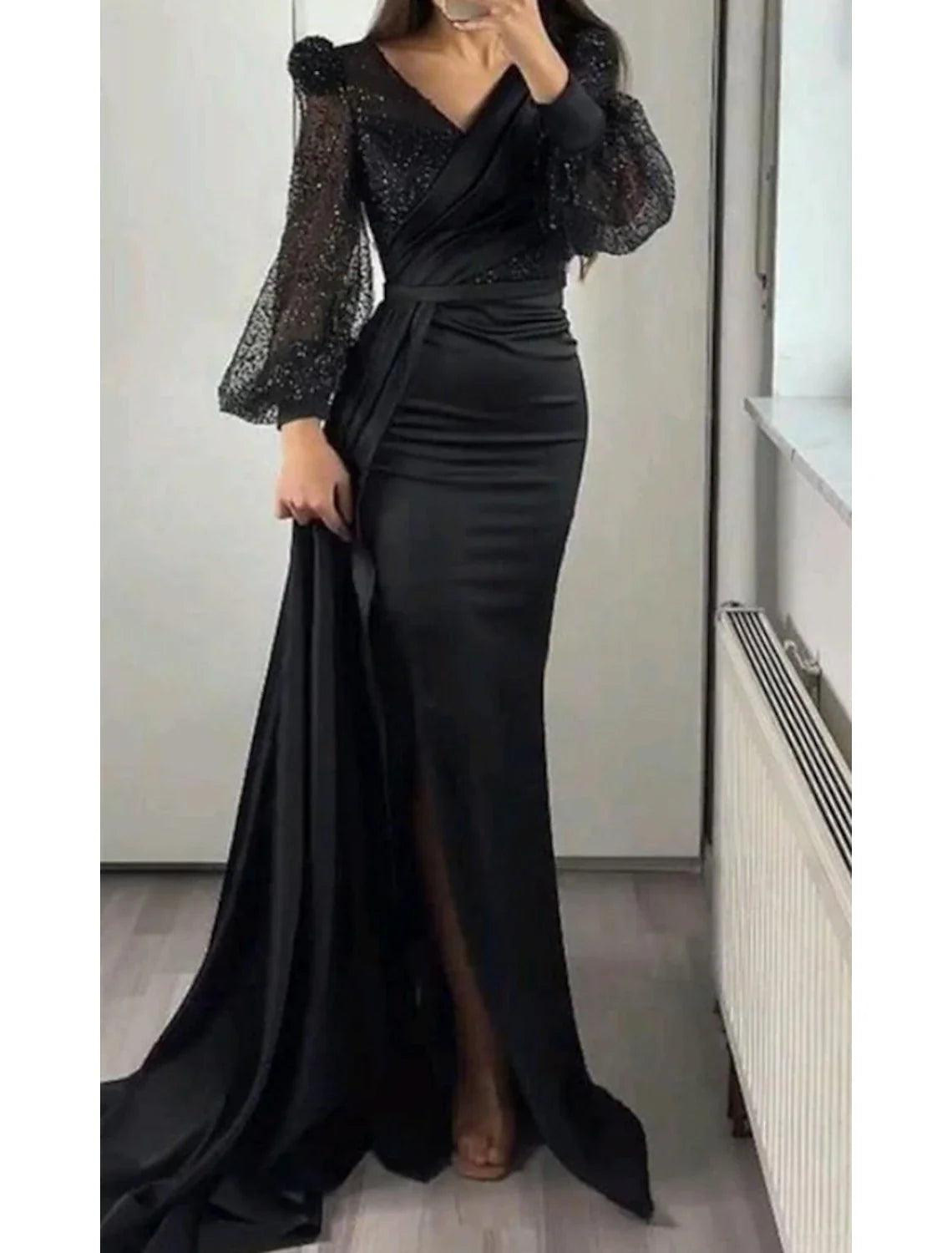 Meerjungfrau/Trompete Abendkleid Sparkle &amp; Shine Kleid Formelle Hofschleppe Langarm V-Ausschnitt Herbst Hochzeitsgast Charmeuse mit Paillettenschlitz