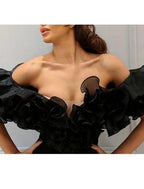 Etui-Linie/Säule, elegantes Ball-/Abendkleid, schulterfrei, kurze Ärmel, bodenlang, Chiffon, mit Schlitz vorne, kaskadierende Rüschen
