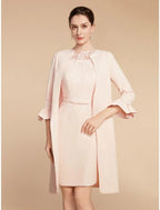 Vestido de dos piezas de corte A para madre de la novia, elegante, estilo invitada de boda, cuello joya, corto/mini, encaje, tejido elástico, manga 3/4 con lazo(s), volantes, color liso