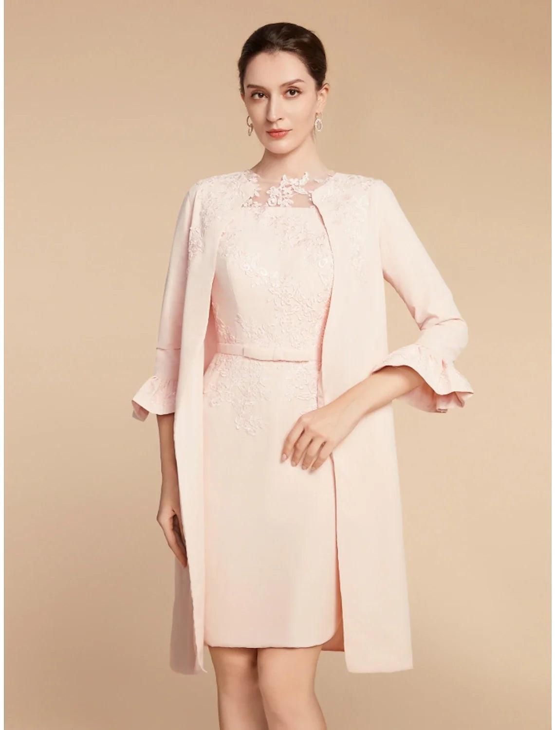 Zweiteiliges A-Linien-Kleid für die Mutter der Braut, Hochzeitsgast, elegant, zierlich, Rundhalsausschnitt, kurz/Mini, Spitze, Stretch-Stoff, 3/4-Ärmel mit Schleife(n), Rüschen, einfarbig