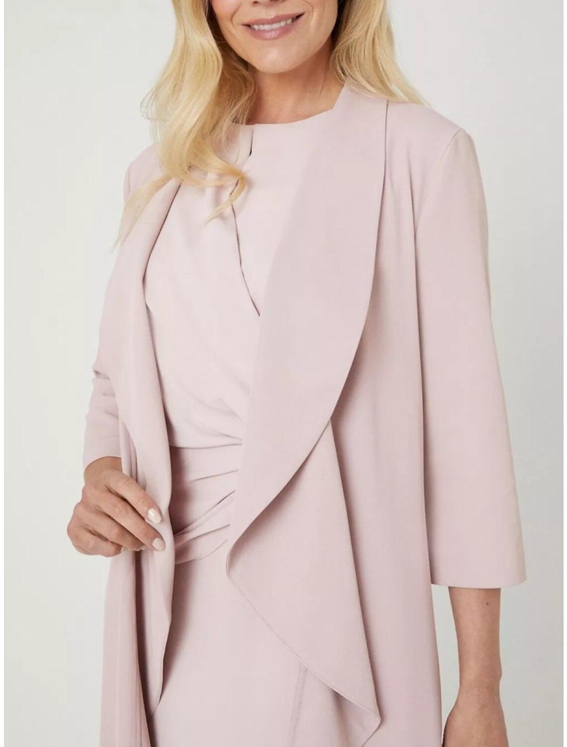 Zweiteiliges Kleid für die Mutter der Braut, für Hochzeitsgäste, elegant, zierlich, Rundhalsausschnitt, knielang, Stretch-Chiffon, 3/4-Ärmel, geschlitzte Vorderseite, Rüschen, einfarbig