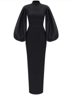 Vestido de noche formal elegante minimalista para invitados de boda, cuello alto, manga larga, largo hasta el suelo, licra, con corte en forma de tubo/columna