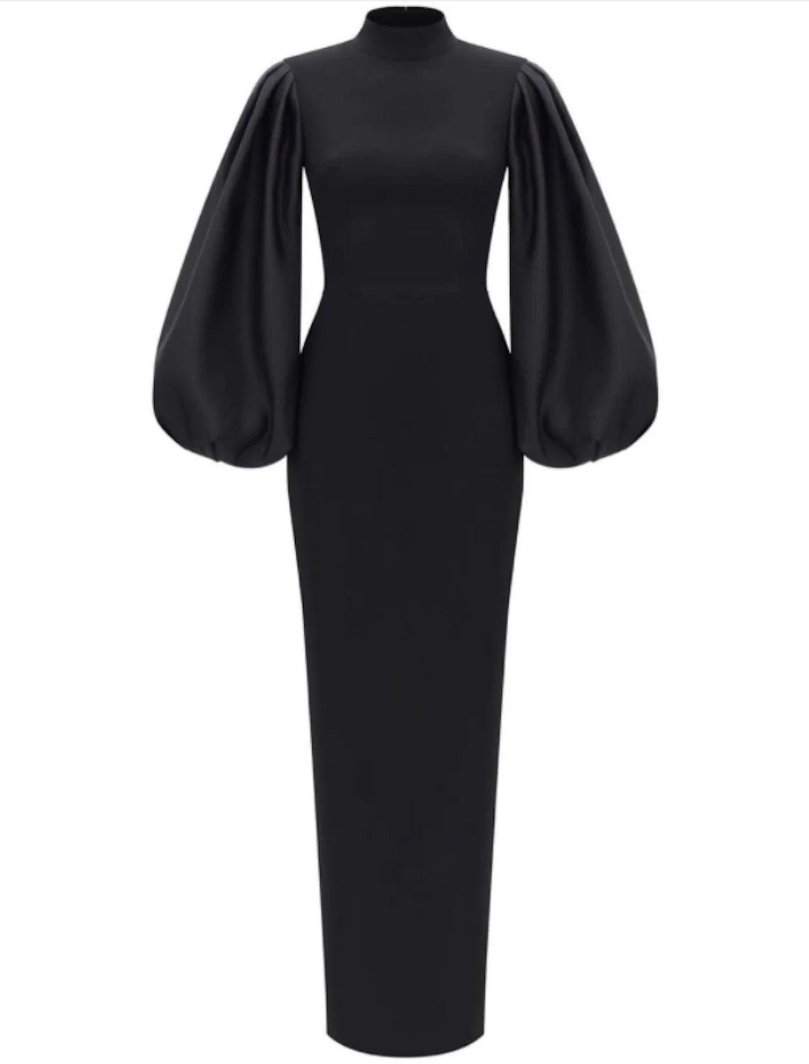 Vestido de noche formal elegante minimalista para invitados de boda, cuello alto, manga larga, largo hasta el suelo, licra, con corte en forma de tubo/columna