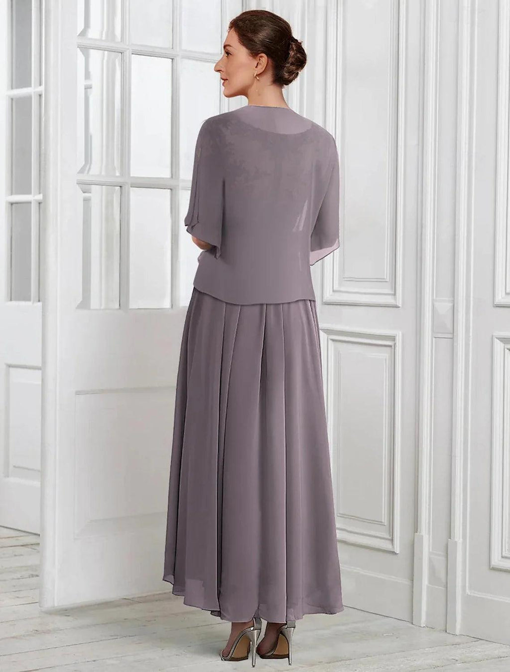 Vestido de madre de la novia, elegante, formal, para invitada de boda, escote en V, largo hasta la rodilla, de gasa, con encaje, manga corta, chaqueta y pliegues.