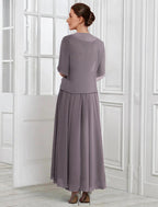 Vestido de madre de la novia, elegante, formal, para invitada de boda, escote en V, largo hasta la rodilla, de gasa, con encaje, manga corta, chaqueta y pliegues.