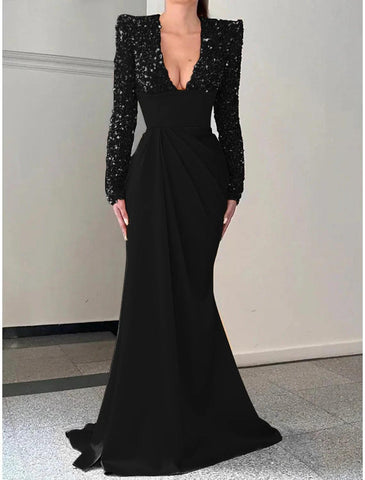 Abendkleid im Meerjungfrau-/Trompeten-Stil, Champagner, Glitzer- und Glanzkleid, formelle Schleppe, lange Ärmel, V-Ausschnitt, Satin mit Falten, Pailletten