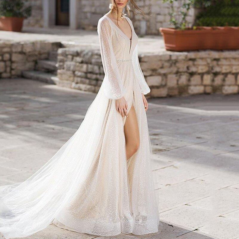 NumberSea Women's Sexy Deep V-Neck Bishop Sleeve Bare Back Wedding Dress