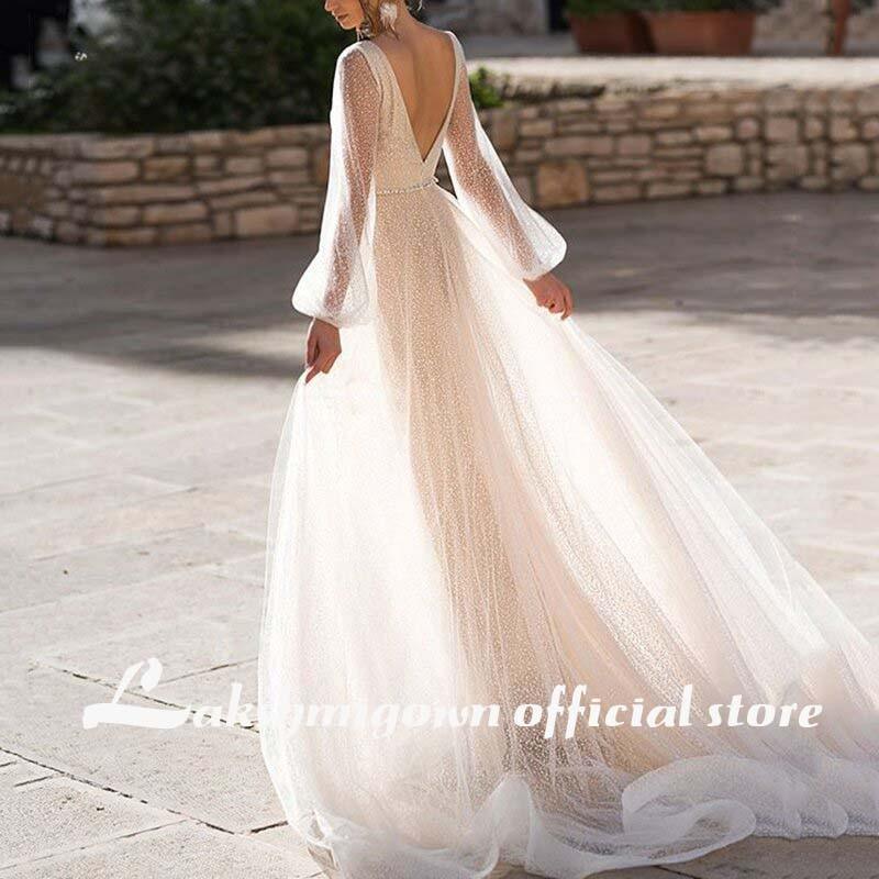 NumberSea Women's Sexy Deep V-Neck Bishop Sleeve Bare Back Wedding Dress