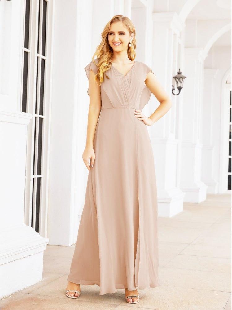 NumberSea - Women's Bridesmaid Dresses Chiffon Cape Formal Evening Party Prom Dress Open Back Gowns for Wedding Guests SEA28058