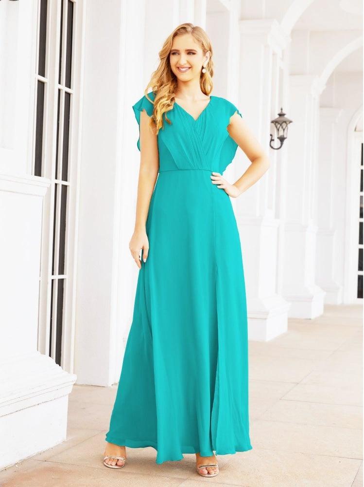 NumberSea - Women's Bridesmaid Dresses Chiffon Cape Formal Evening Party Prom Dress Open Back Gowns for Wedding Guests SEA28058