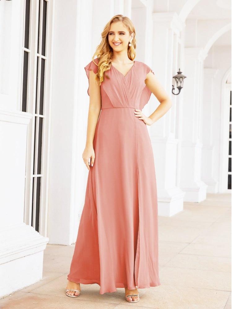 NumberSea - Women's Bridesmaid Dresses Chiffon Cape Formal Evening Party Prom Dress Open Back Gowns for Wedding Guests SEA28058