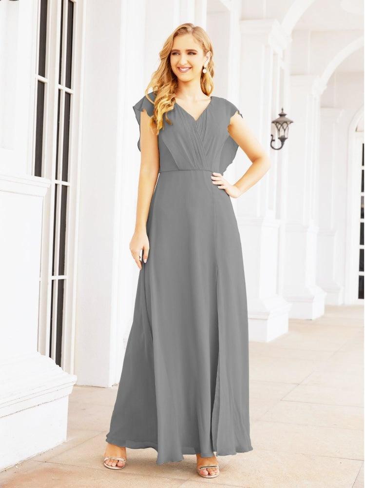 NumberSea - Women's Bridesmaid Dresses Chiffon Cape Formal Evening Party Prom Dress Open Back Gowns for Wedding Guests SEA28058