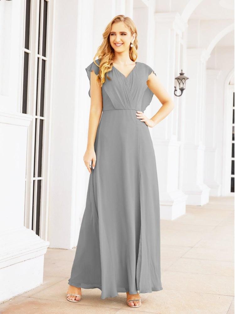 NumberSea - Women's Bridesmaid Dresses Chiffon Cape Formal Evening Party Prom Dress Open Back Gowns for Wedding Guests SEA28058