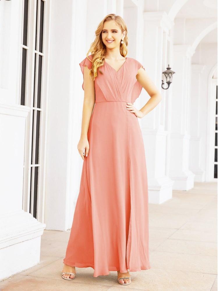 NumberSea - Women's Bridesmaid Dresses Chiffon Cape Formal Evening Party Prom Dress Open Back Gowns for Wedding Guests SEA28058