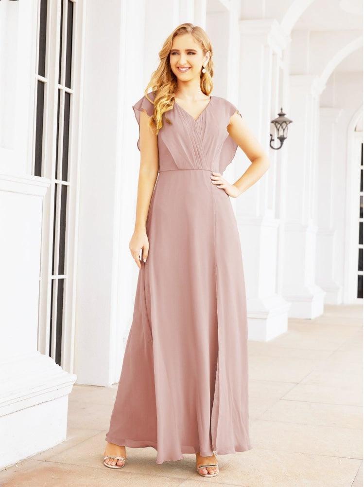 NumberSea - Women's Bridesmaid Dresses Chiffon Cape Formal Evening Party Prom Dress Open Back Gowns for Wedding Guests SEA28058