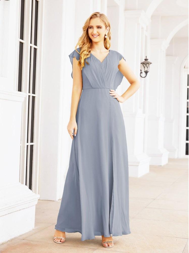 NumberSea - Women's Bridesmaid Dresses Chiffon Cape Formal Evening Party Prom Dress Open Back Gowns for Wedding Guests SEA28058