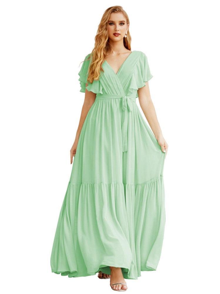 NumberSea - Women's Open Back Formal Evening Party Prom Gowns V - Neck Long Chiffon Bridesmaid Dresses with Waist Belt SEA28038