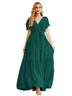 NumberSea - Women's Open Back Formal Evening Party Prom Gowns V - Neck Long Chiffon Bridesmaid Dresses with Waist Belt SEA28038