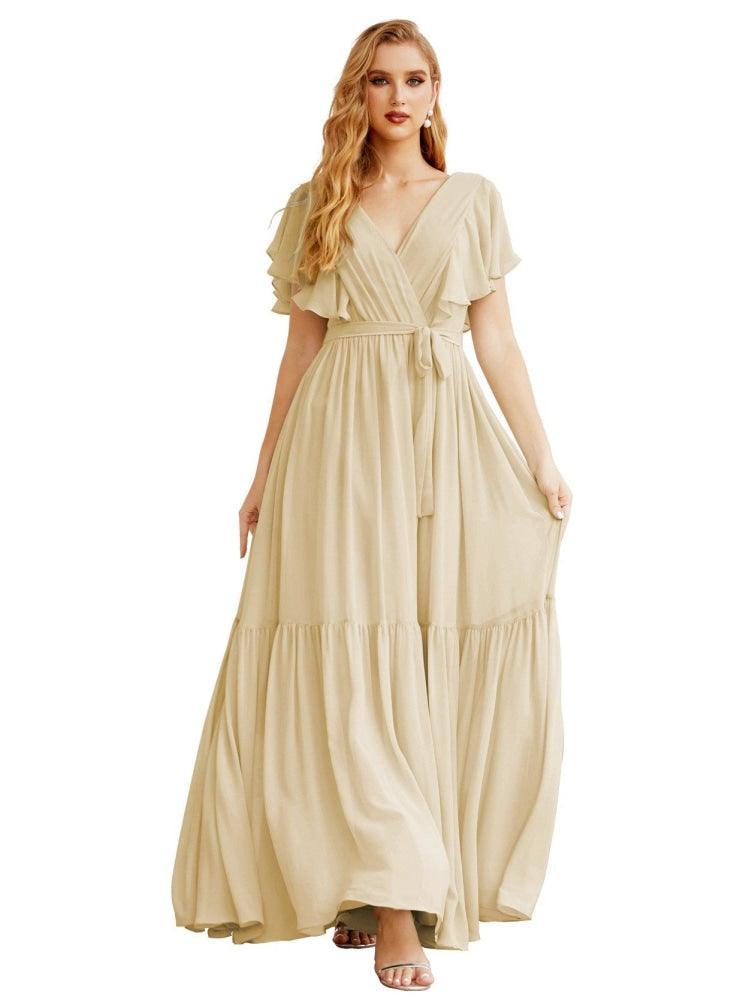 NumberSea - Women's Open Back Formal Evening Party Prom Gowns V - Neck Long Chiffon Bridesmaid Dresses with Waist Belt SEA28038