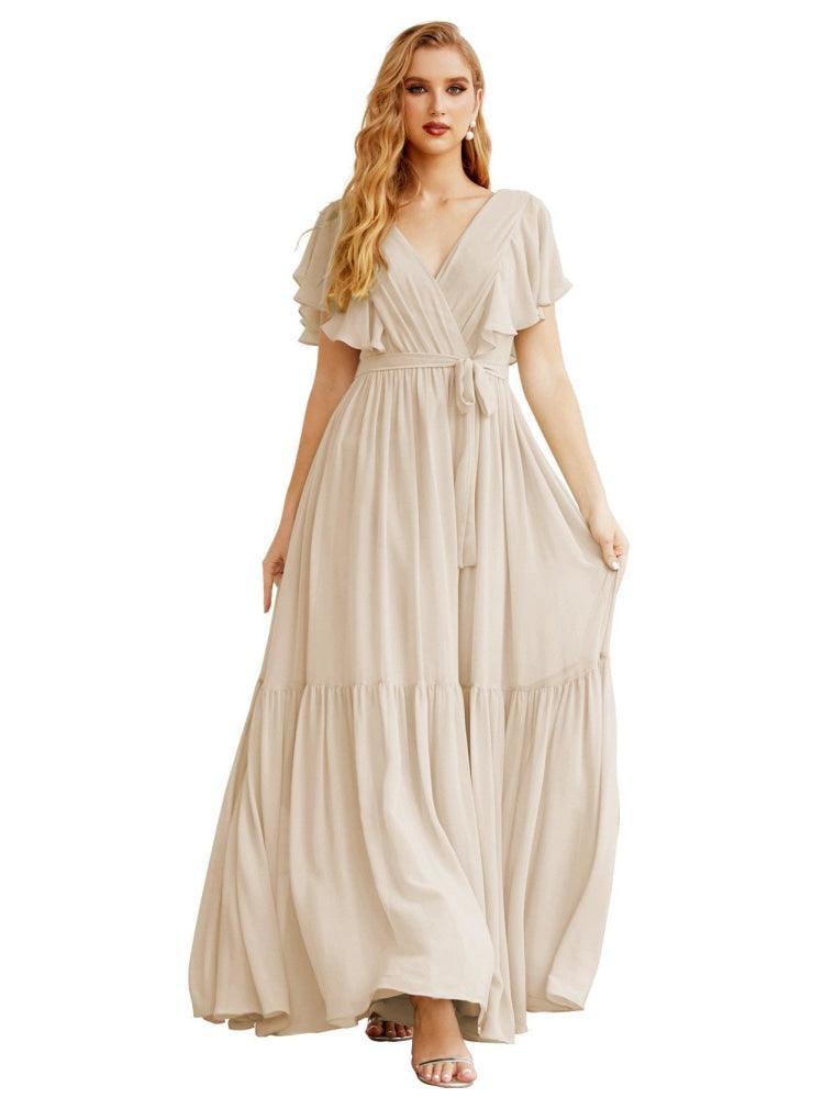 NumberSea - Women's Open Back Formal Evening Party Prom Gowns V - Neck Long Chiffon Bridesmaid Dresses with Waist Belt SEA28038