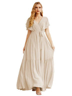 NumberSea - Women's Open Back Formal Evening Party Prom Gowns V - Neck Long Chiffon Bridesmaid Dresses with Waist Belt SEA28038