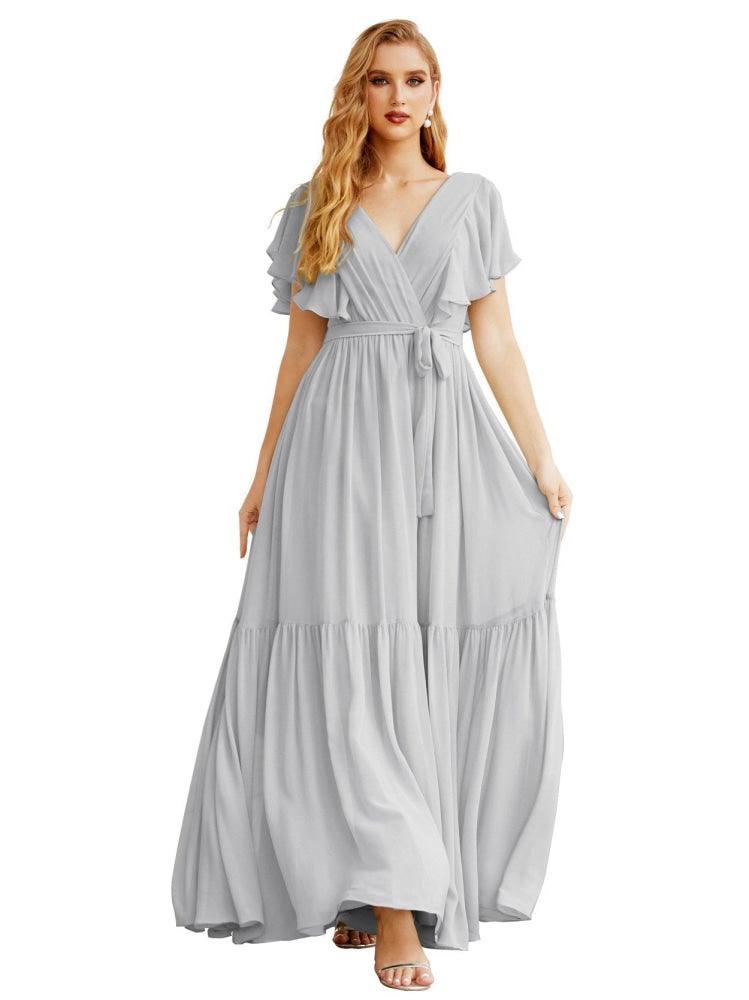 NumberSea - Women's Open Back Formal Evening Party Prom Gowns V - Neck Long Chiffon Bridesmaid Dresses with Waist Belt SEA28038