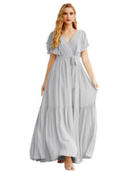 NumberSea - Women's Open Back Formal Evening Party Prom Gowns V - Neck Long Chiffon Bridesmaid Dresses with Waist Belt SEA28038