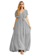 NumberSea - Women's Open Back Formal Evening Party Prom Gowns V - Neck Long Chiffon Bridesmaid Dresses with Waist Belt SEA28038