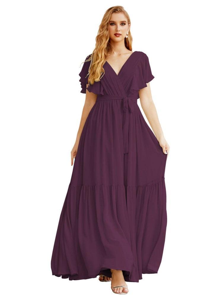 NumberSea - Women's Open Back Formal Evening Party Prom Gowns V - Neck Long Chiffon Bridesmaid Dresses with Waist Belt SEA28038