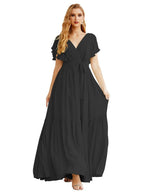 NumberSea - Women's Open Back Formal Evening Party Prom Gowns V - Neck Long Chiffon Bridesmaid Dresses with Waist Belt SEA28038