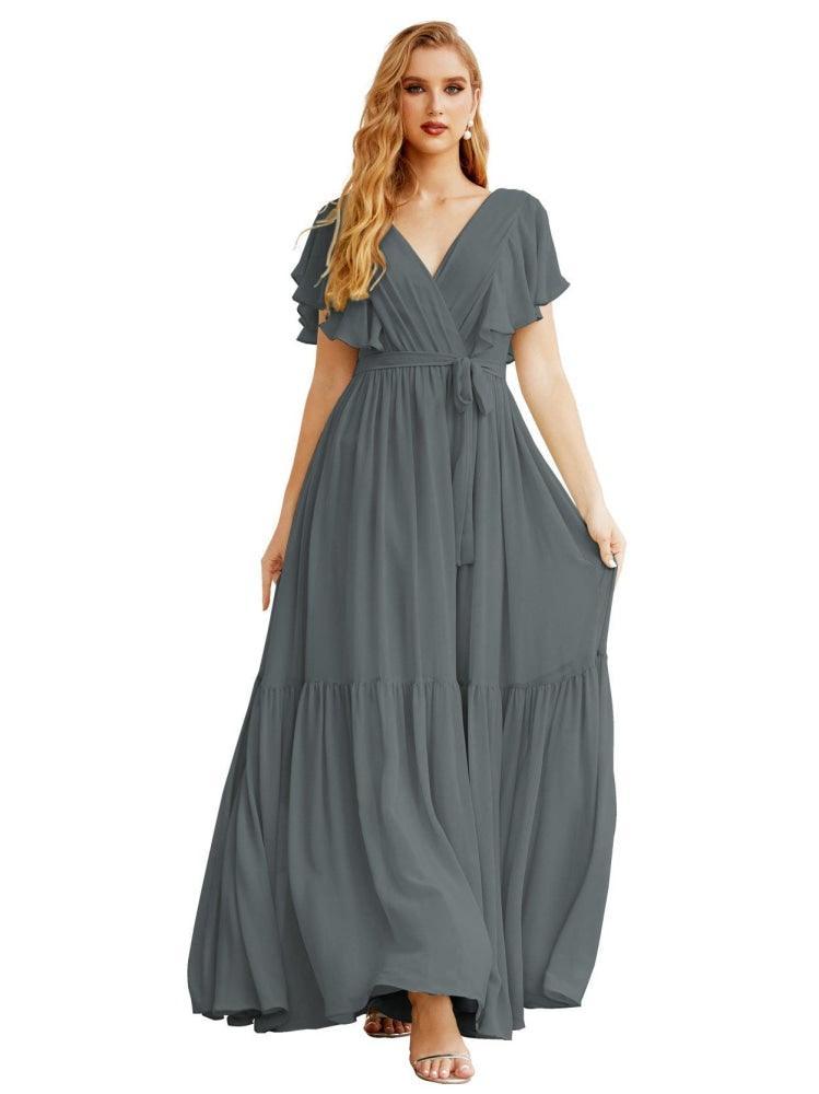 NumberSea - Women's Open Back Formal Evening Party Prom Gowns V - Neck Long Chiffon Bridesmaid Dresses with Waist Belt SEA28038