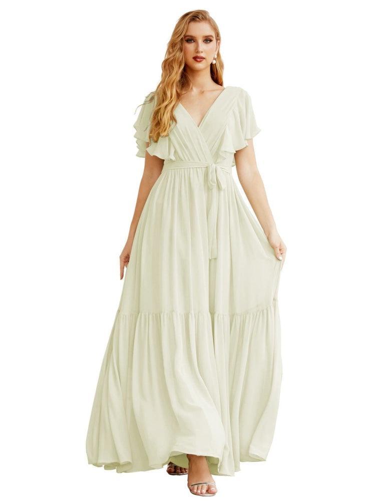 NumberSea - Women's Open Back Formal Evening Party Prom Gowns V - Neck Long Chiffon Bridesmaid Dresses with Waist Belt SEA28038