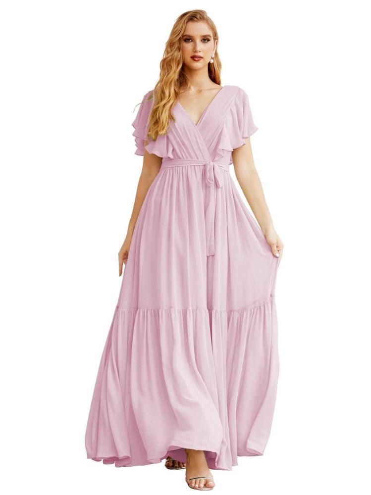 NumberSea - Women's Open Back Formal Evening Party Prom Gowns V - Neck Long Chiffon Bridesmaid Dresses with Waist Belt SEA28038