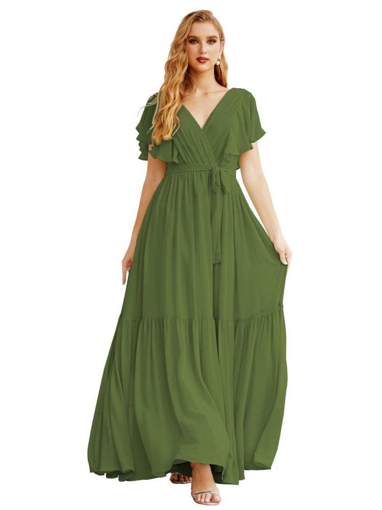 NumberSea - Women's Open Back Formal Evening Party Prom Gowns V - Neck Long Chiffon Bridesmaid Dresses with Waist Belt SEA28038