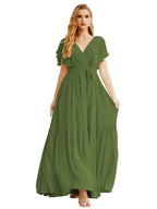 NumberSea - Women's Open Back Formal Evening Party Prom Gowns V - Neck Long Chiffon Bridesmaid Dresses with Waist Belt SEA28038