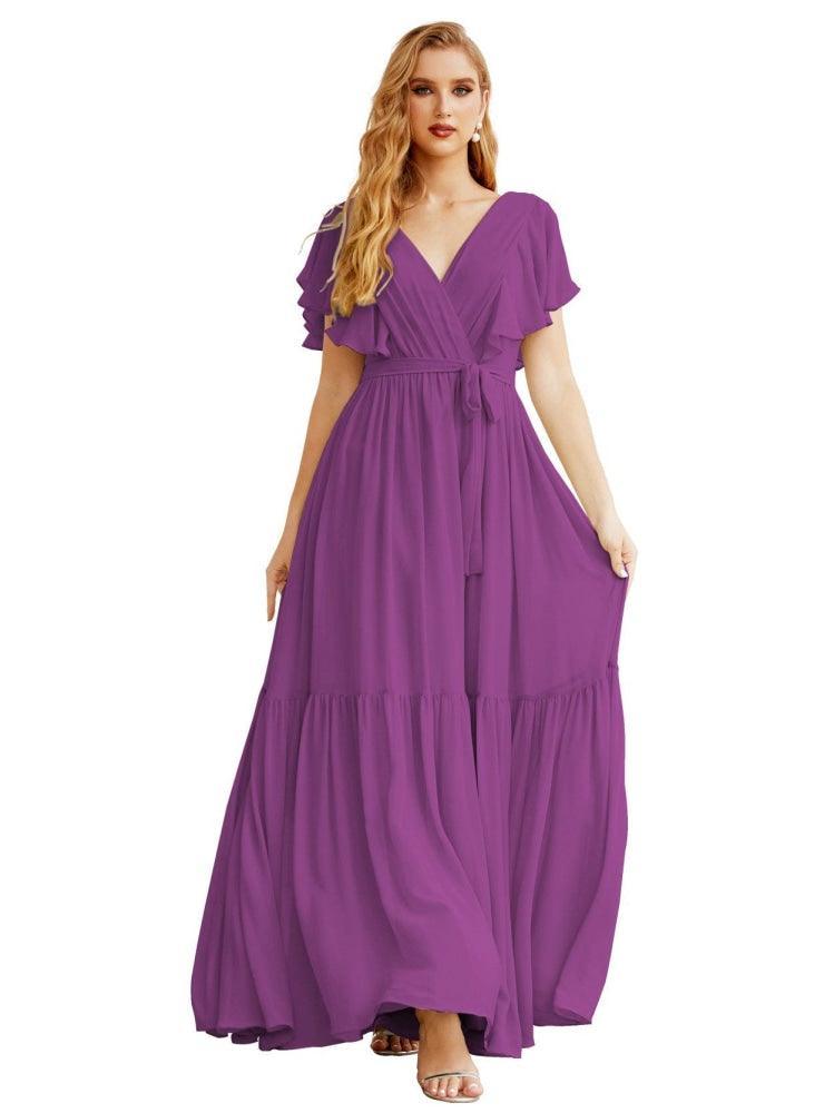 NumberSea - Women's Open Back Formal Evening Party Prom Gowns V - Neck Long Chiffon Bridesmaid Dresses with Waist Belt SEA28038