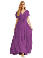 NumberSea - Women's Open Back Formal Evening Party Prom Gowns V - Neck Long Chiffon Bridesmaid Dresses with Waist Belt SEA28038