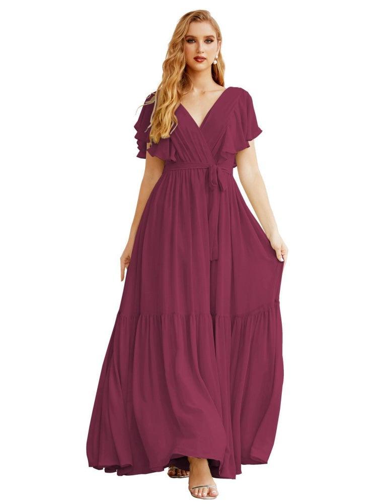 NumberSea - Women's Open Back Formal Evening Party Prom Gowns V - Neck Long Chiffon Bridesmaid Dresses with Waist Belt SEA28038