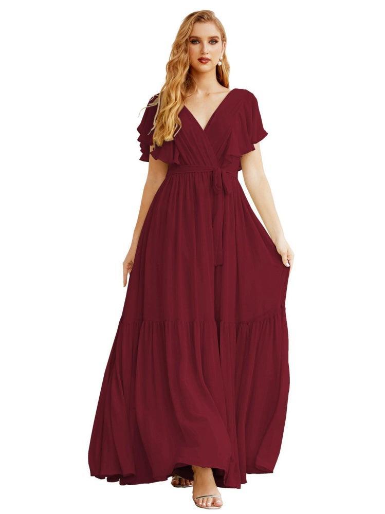 NumberSea - Women's Open Back Formal Evening Party Prom Gowns V - Neck Long Chiffon Bridesmaid Dresses with Waist Belt SEA28038