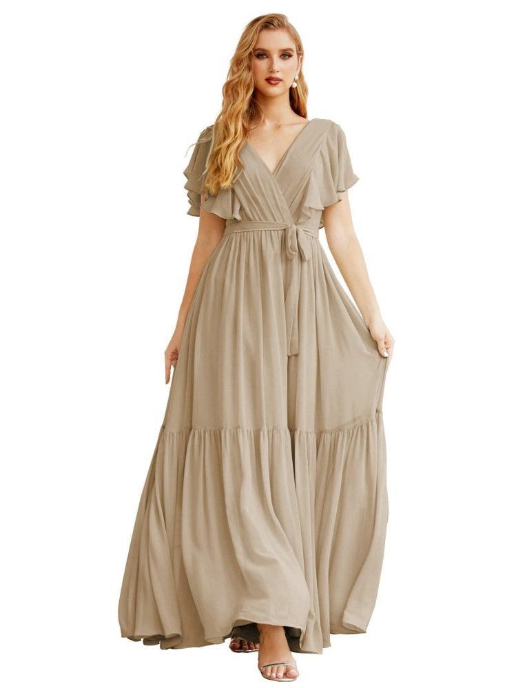 NumberSea - Women's Open Back Formal Evening Party Prom Gowns V - Neck Long Chiffon Bridesmaid Dresses with Waist Belt SEA28038