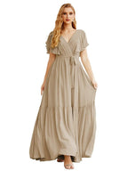 NumberSea - Women's Open Back Formal Evening Party Prom Gowns V - Neck Long Chiffon Bridesmaid Dresses with Waist Belt SEA28038