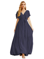 NumberSea - Women's Open Back Formal Evening Party Prom Gowns V - Neck Long Chiffon Bridesmaid Dresses with Waist Belt SEA28038